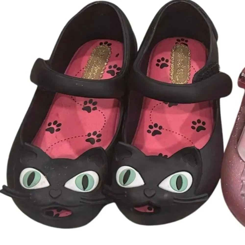 Mini Melissa Black Cat Mary Jane Shoes Toddler Size 7C Kitty Ballet Flats
